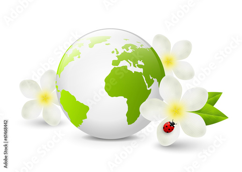 Earth globe with white flowers
