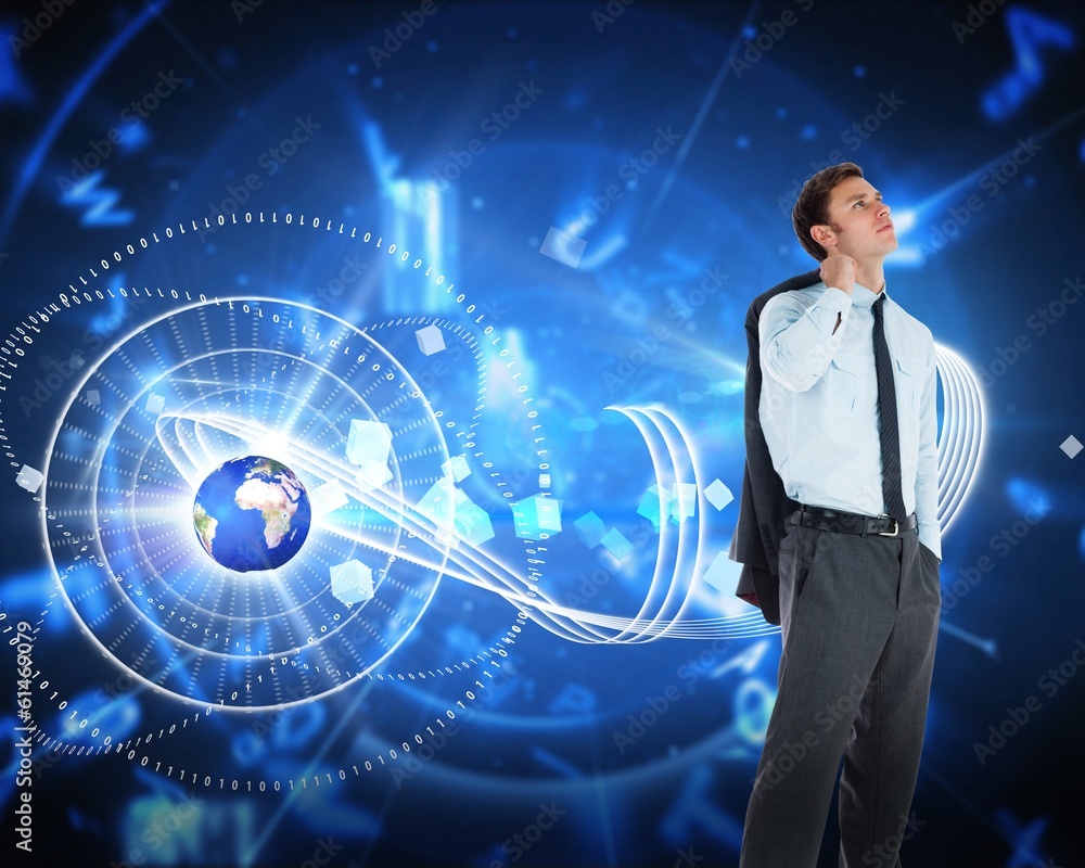 Composite image of serious businessman holding his jacket Composite image of serious businessman holding his jacket