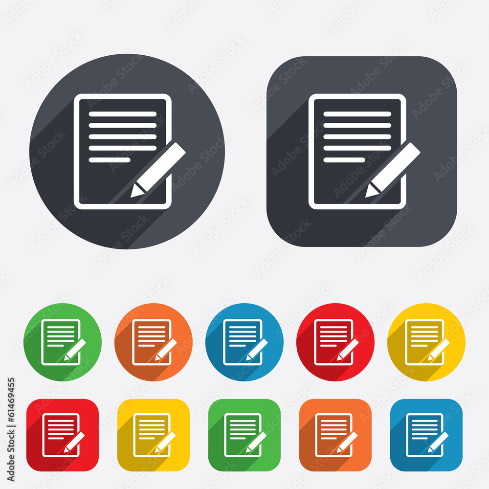 Edit document sign icon. Edit content button. Edit document sign icon. Edit content button.