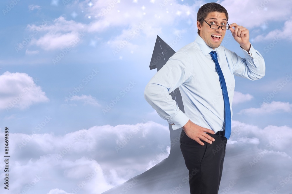 Composite image of thinking businessman tilting glasses Composite image of thinking businessman tilting glasses