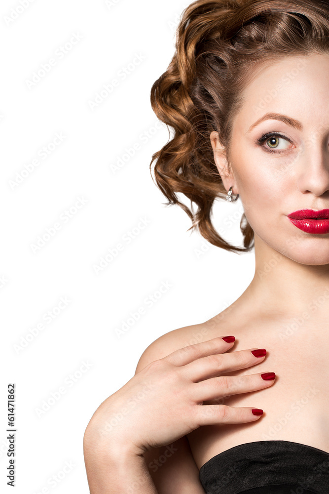 Young woman with red lips and curly hair. Isolated on white Young woman with red lips and curly hair. Isolated on white