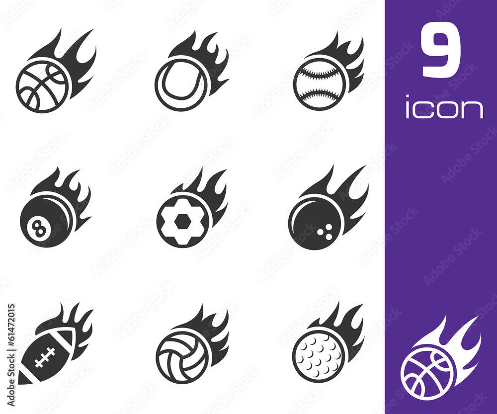 Vector black fire sport balls icons set