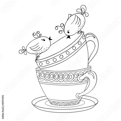 Card with tea cups and art birds