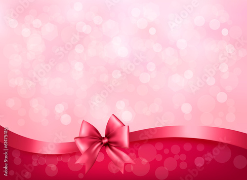 Holiday pink background with gift glossy bow and ribbon. Vector