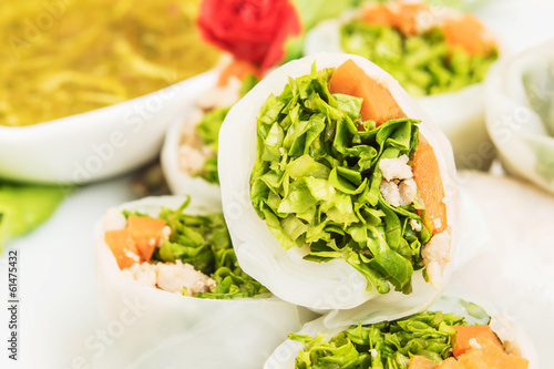 Delicious and healthy Vietnamese rice paper rolls with chicken a