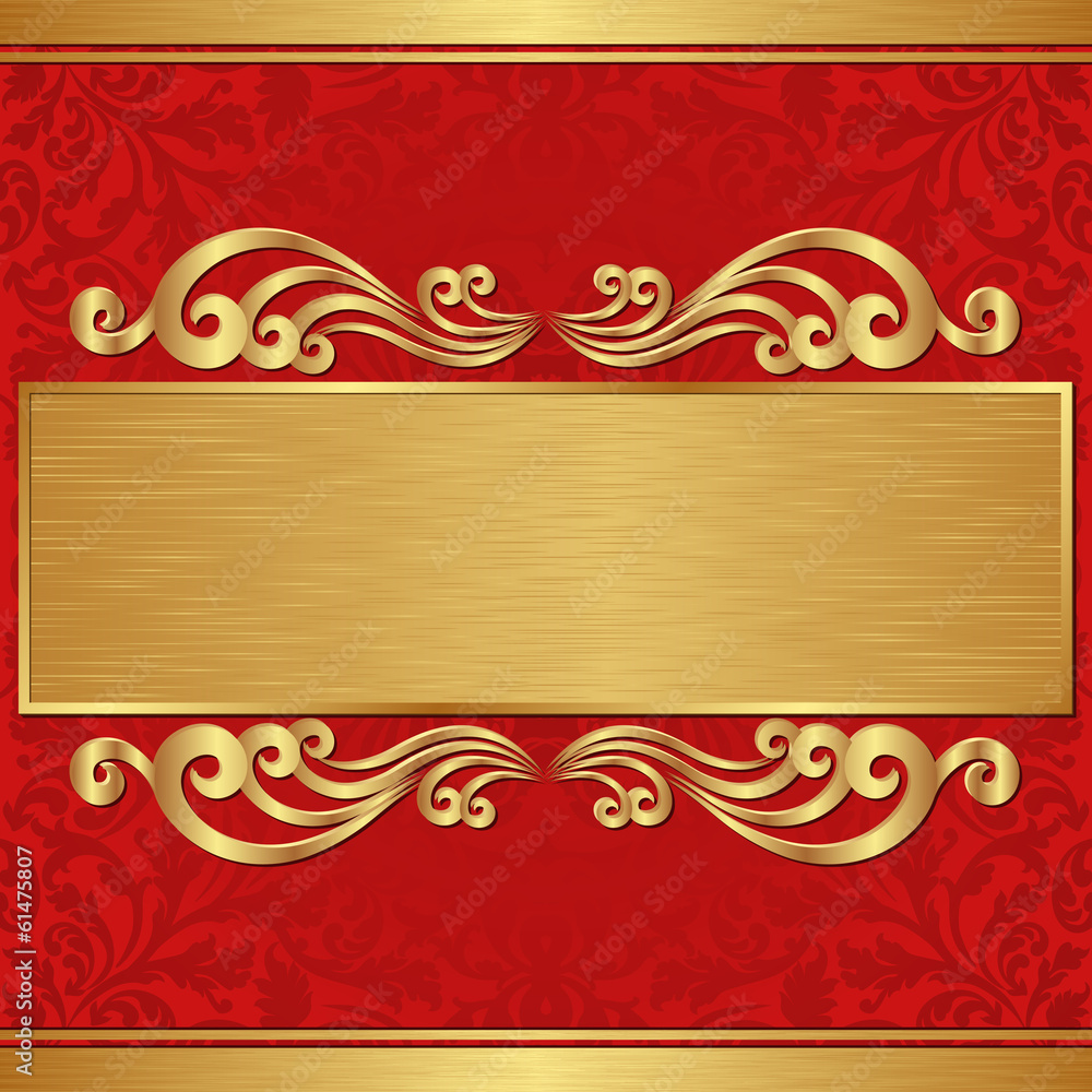 red background with gold banner