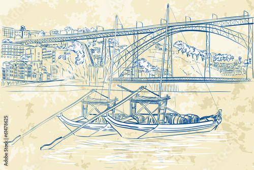 Vector illustration of rabelo boats in Porto, Portugal