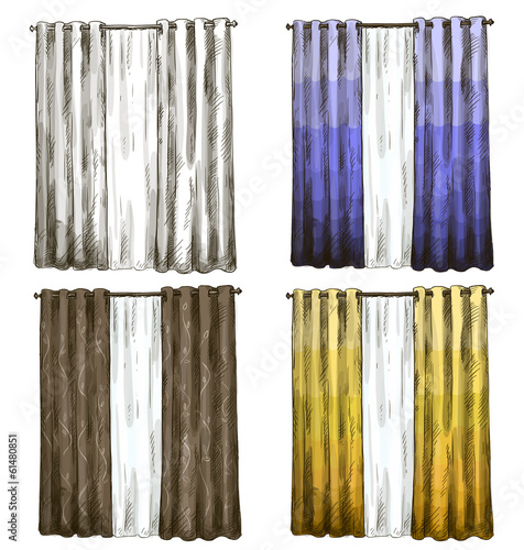 set of curtains drawings sketch style
