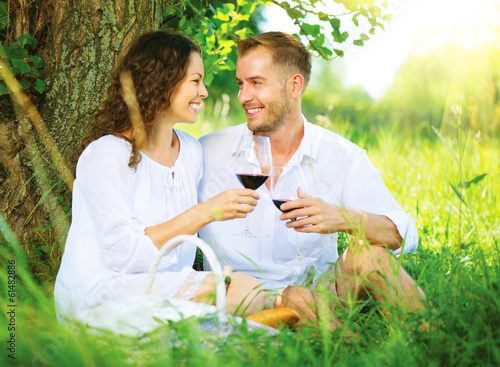 Picnic. Young Couple relaxing and drinking Wine in a Park photo