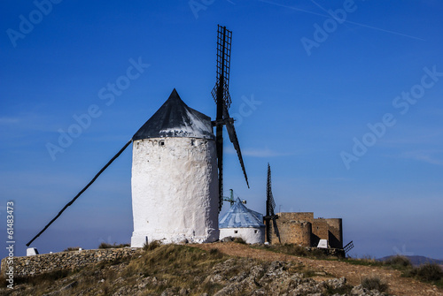 Cervantes Don Quixote windmills and Consuegra castle. Castile La
