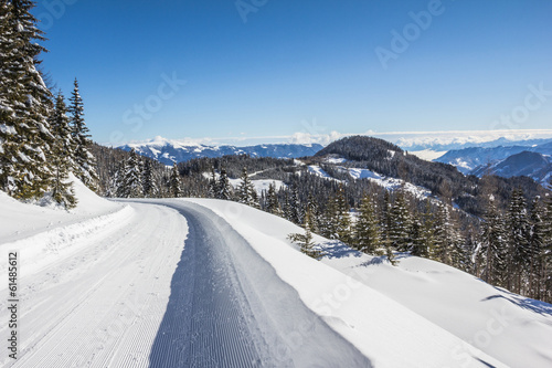 Winter Scenery With Trees Snow Mountains And Blue Sky