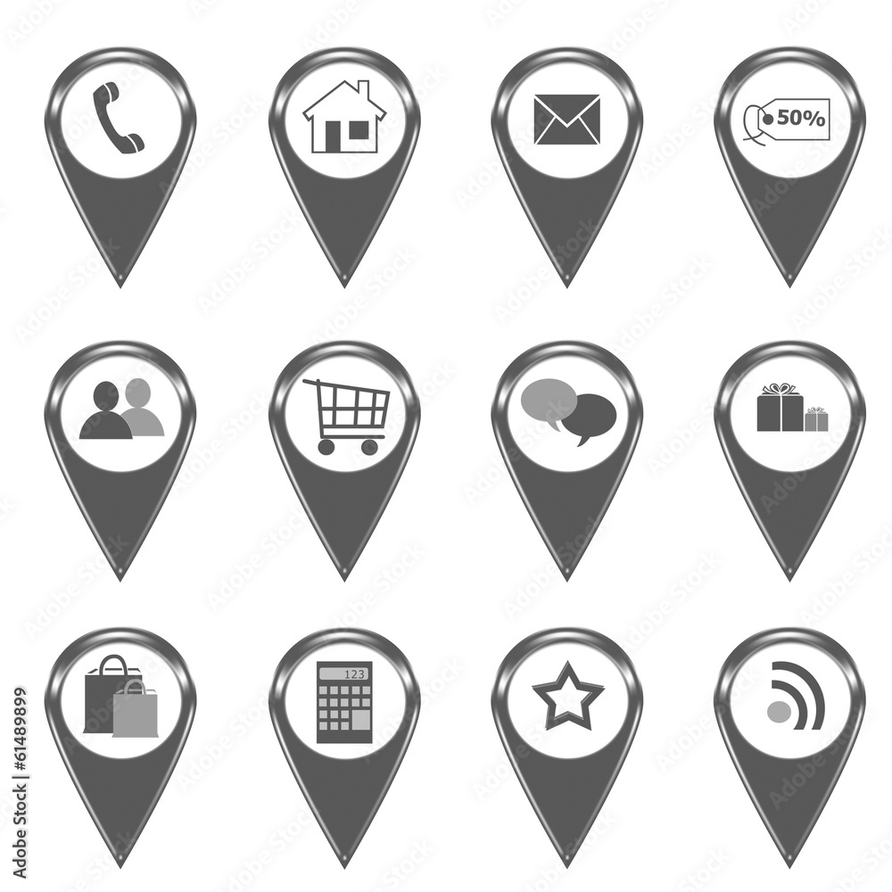 Set of icons for web or markers on maps in gray color Set of icons for web or markers on maps in gray color