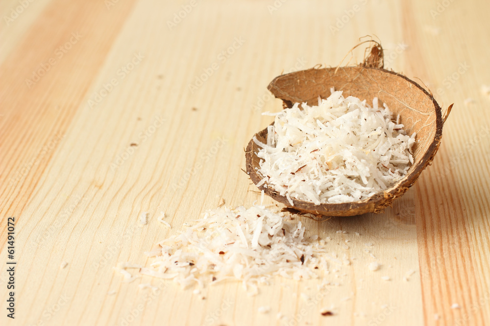 Homemade coconut shavings in coconut shell Homemade coconut shavings in coconut shell