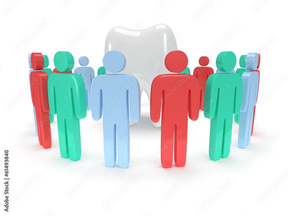 Colored people around tooth. 3D render. Colored people around tooth. 3D render.