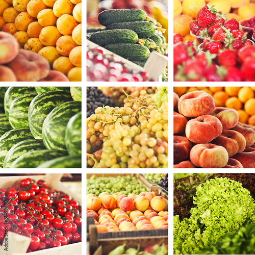collage of fresh season fruits on market