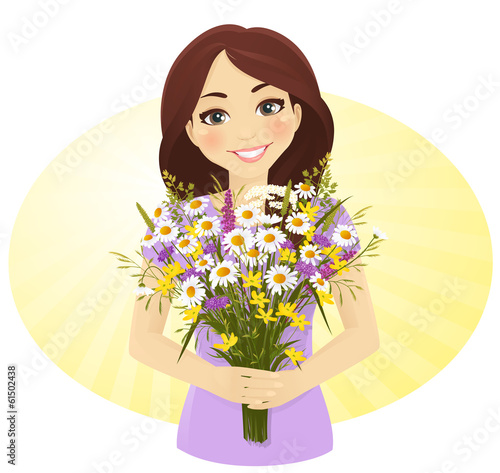 Cute girl with bunch of wild flowers