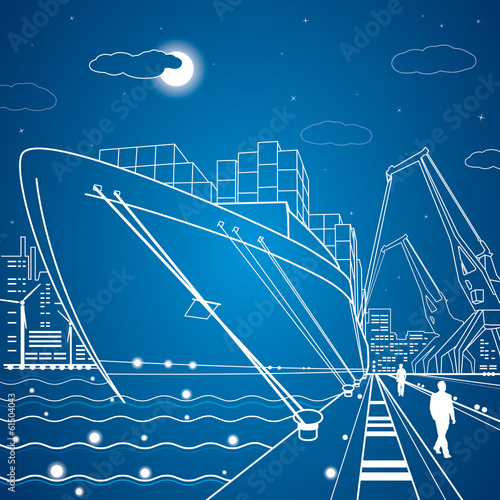 Vector lines cargo ship, ship on the water, port, cargo port