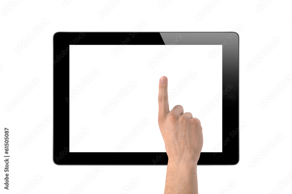 man hand make a choice on tablet isolated on white man hand make a choice on tablet isolated on white