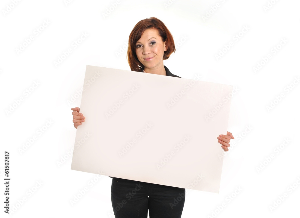 happy busy business woman holding cardboard sign as copy space happy busy business woman holding cardboard sign as copy space