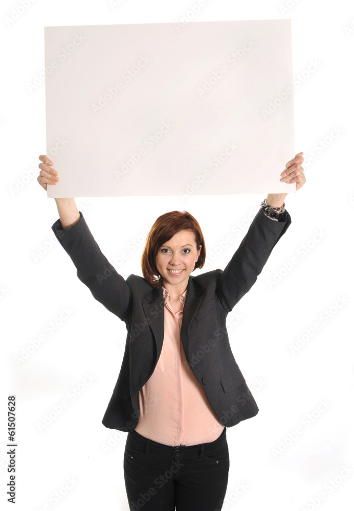 happy busy business woman holding cardboard sign as copy space happy busy business woman holding cardboard sign as copy space