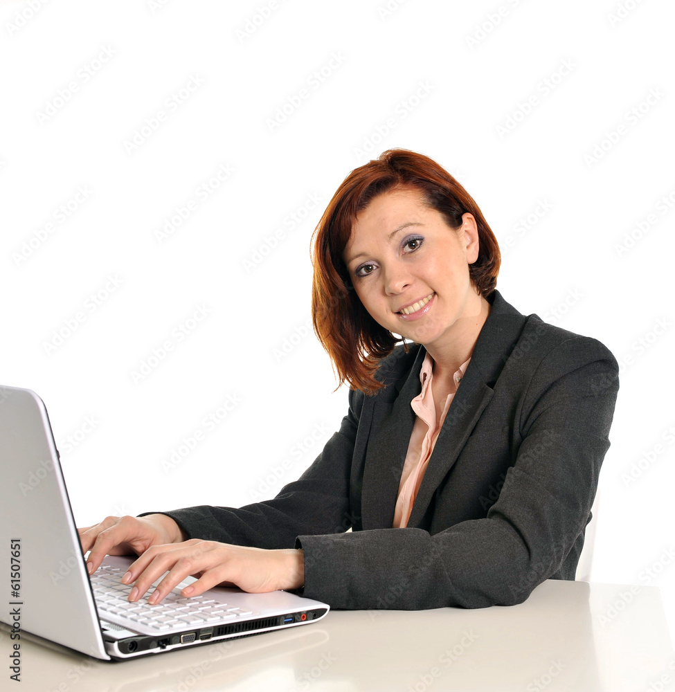 Happy business woman with red hair drinking coffee and smiling Happy business woman with red hair drinking coffee and smiling