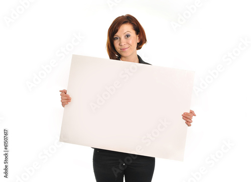 happy busy business woman holding cardboard sign as copy space