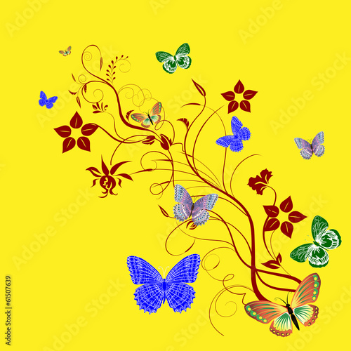 Vector card with a branch and butterflies
