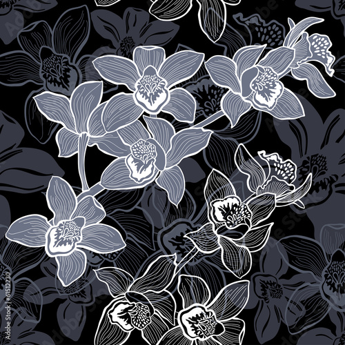 Floral seamless pattern with hand drawn orchids .Vector design.