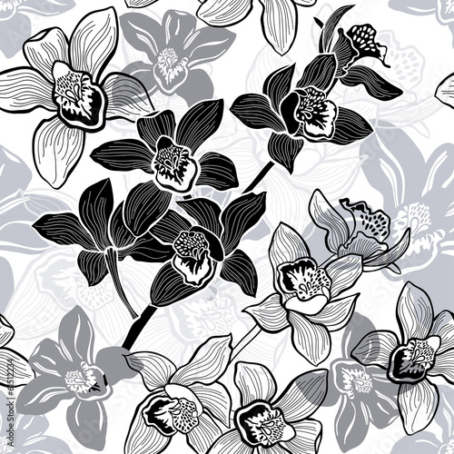 Monochrome seamless background with hand drawn orchids.