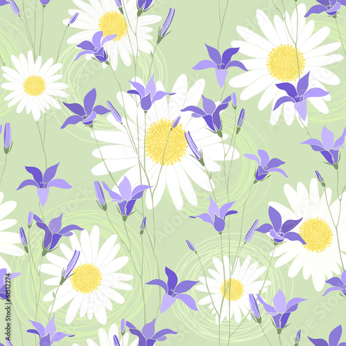 Seamless pattern with camomiles and bellflower