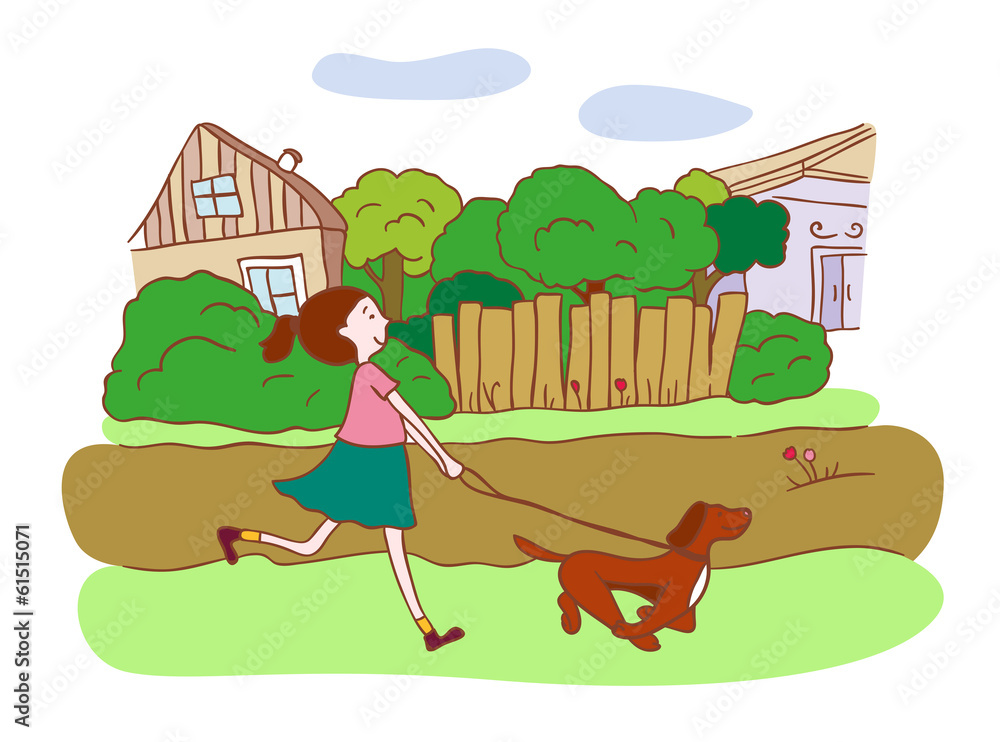 Fototapeta premium Girl walking dog