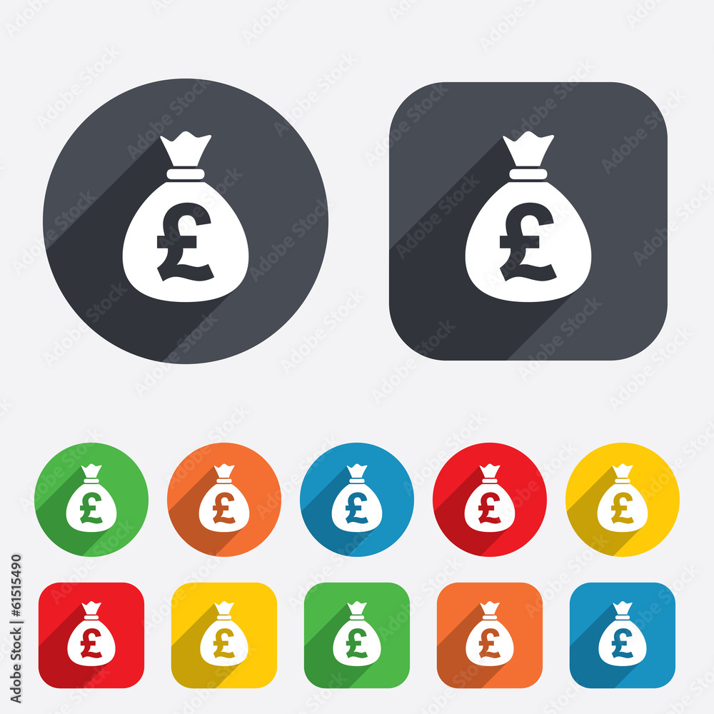Money bag sign icon. Pound GBP currency. Money bag sign icon. Pound GBP currency.