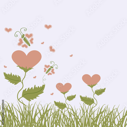 Herzen und Schmetterlinge auf Wiese