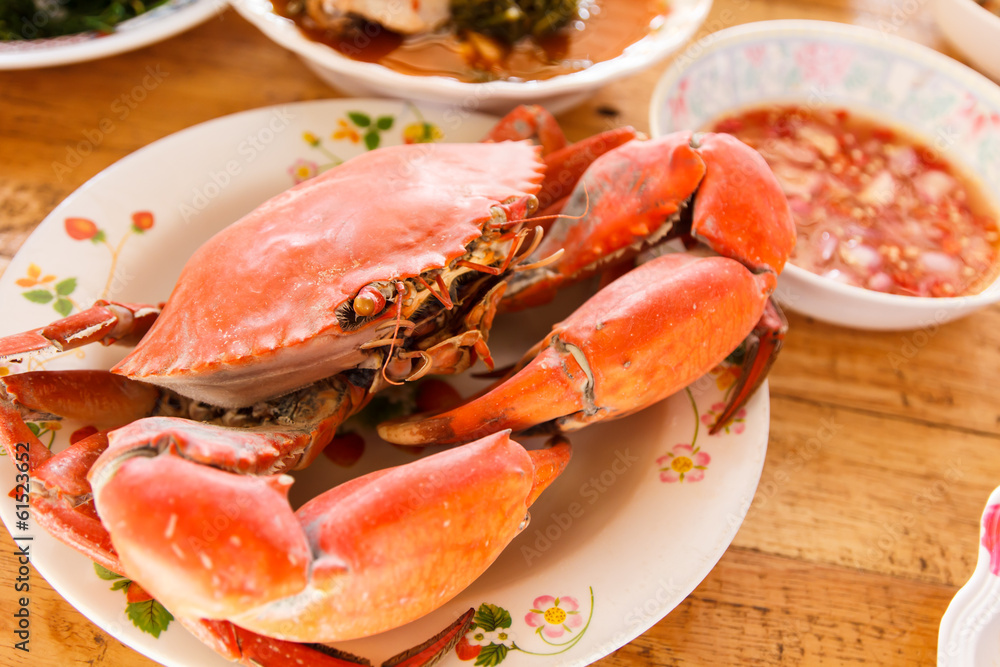 Boiled crab prepared on plate on wooden background-2