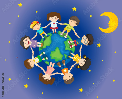 Happy kids surrounding the Earth