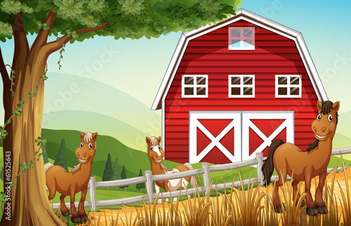 Horses at the farm near the red barnhouse
