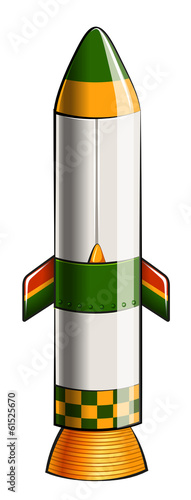 A green and yellow colored rocket