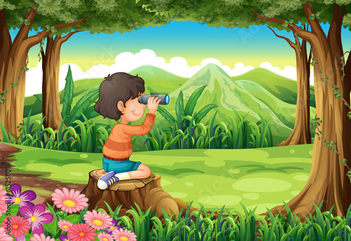 A girl above the stump with a telescope