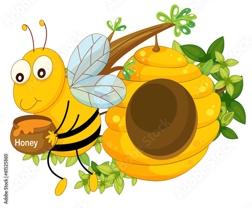 A bee holding a pot of honey near the beehive
