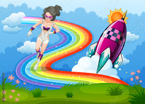 A superhero above the rainbow and a rocket
