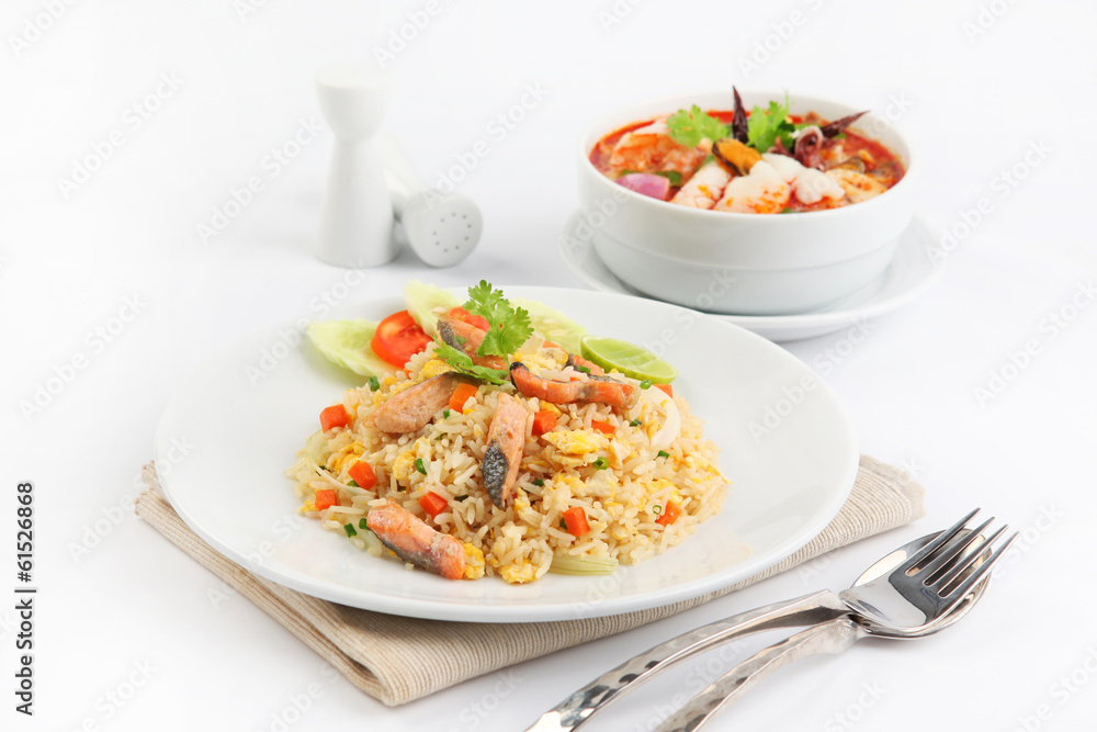 Salmon fried rice and tom yum goong,