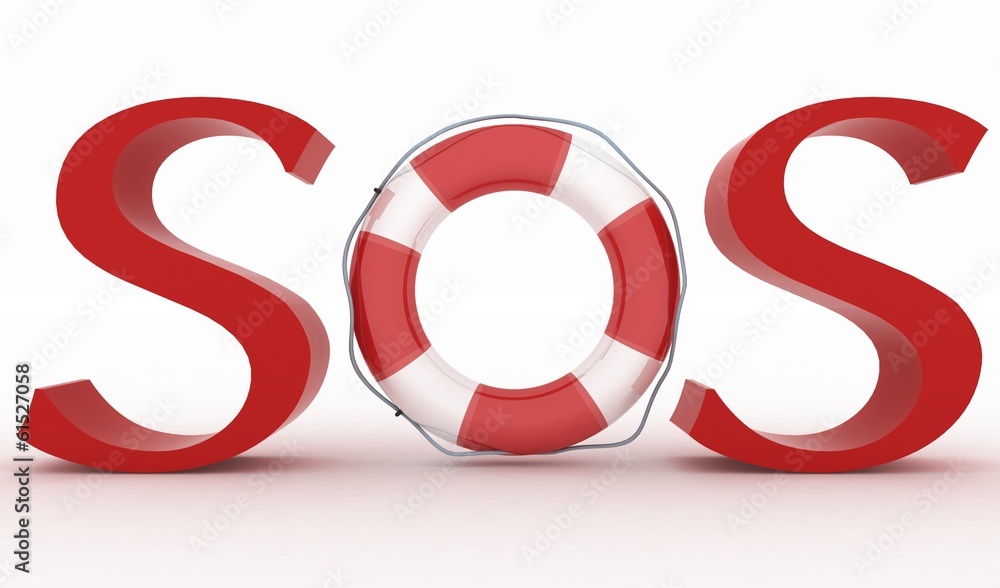 Red text SOS with lifebelt on the white background. Red text SOS with lifebelt on the white background.