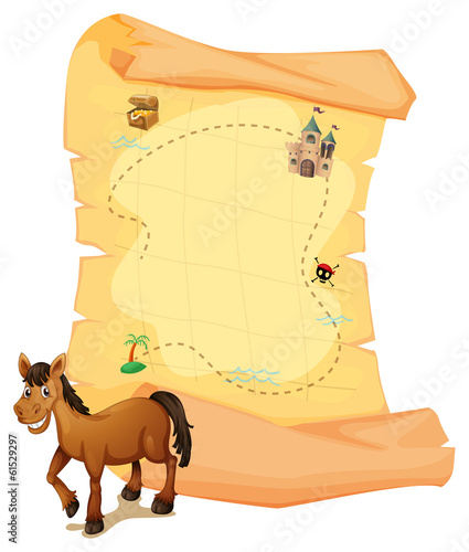 A horse in front of the treasure map