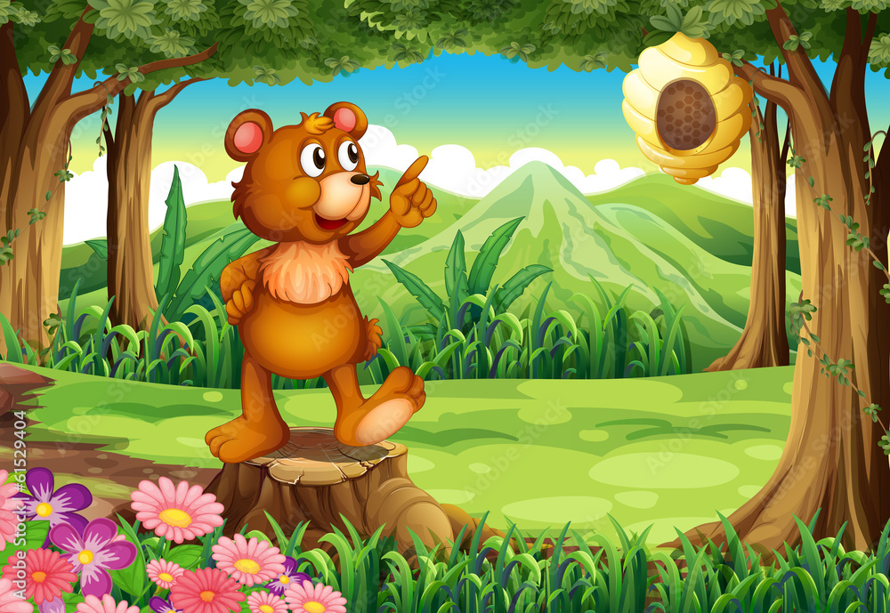 Fototapeta premium A bear at the forest standing above the stump near the beehive