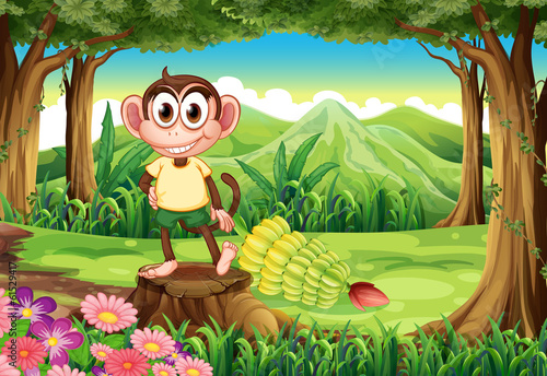 A playful monkey above the stump at the forest with bananas