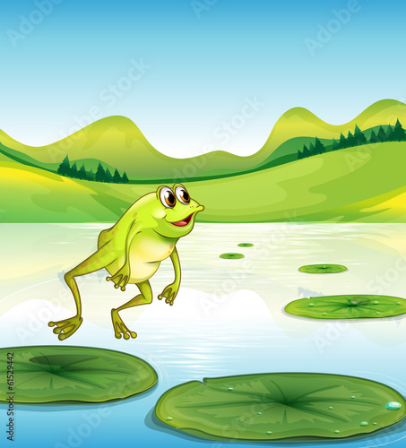 A pond with a frog jumping
