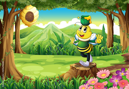 A bee with a pot above its head standing on a stump