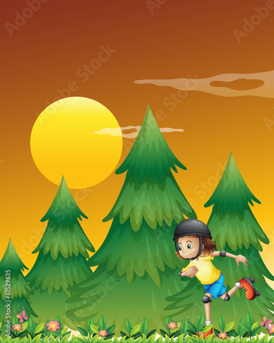 A girl rollerskating near the pine trees
