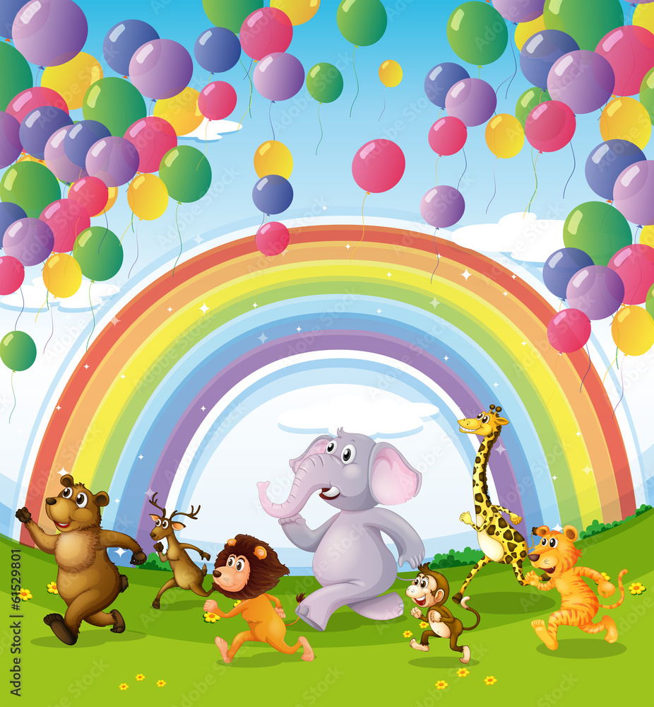 Obraz premium Animals racing below the floating balloons and rainbow