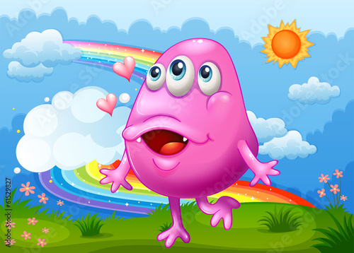 A happy pink monster dancing at the hilltop with a rainbow in th
